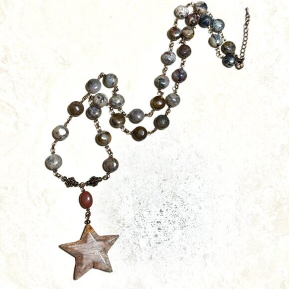 Natural Earthy Agate Star Pendant Long Necklace, Genuine Gemstone + Copper Links - Picture 3 of 16